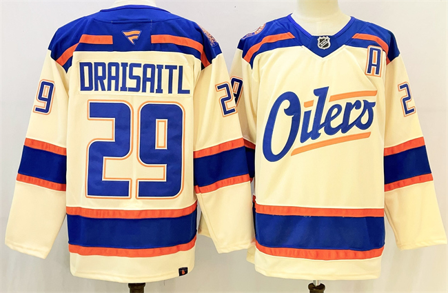 Men's Light Beige Edmonton Oilers #29 Leon Draisaitl Alternate With A Patch Stitched Hockey Jersey